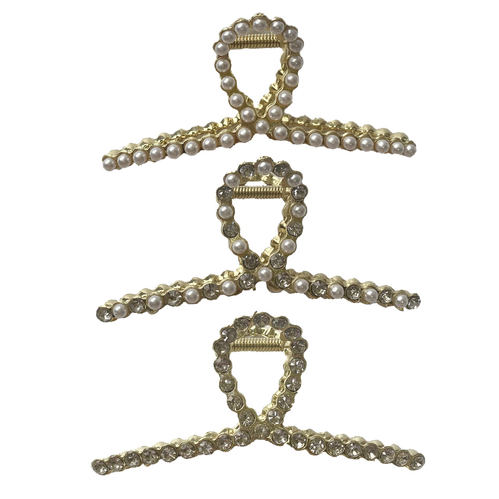 3PCS Hair Claw Vintage French Pearl Rhinestone Gold Large Metal Hair Accessories,Daily Hair Clip Bling Crystal Hair Jaw Clips for Women and Girls