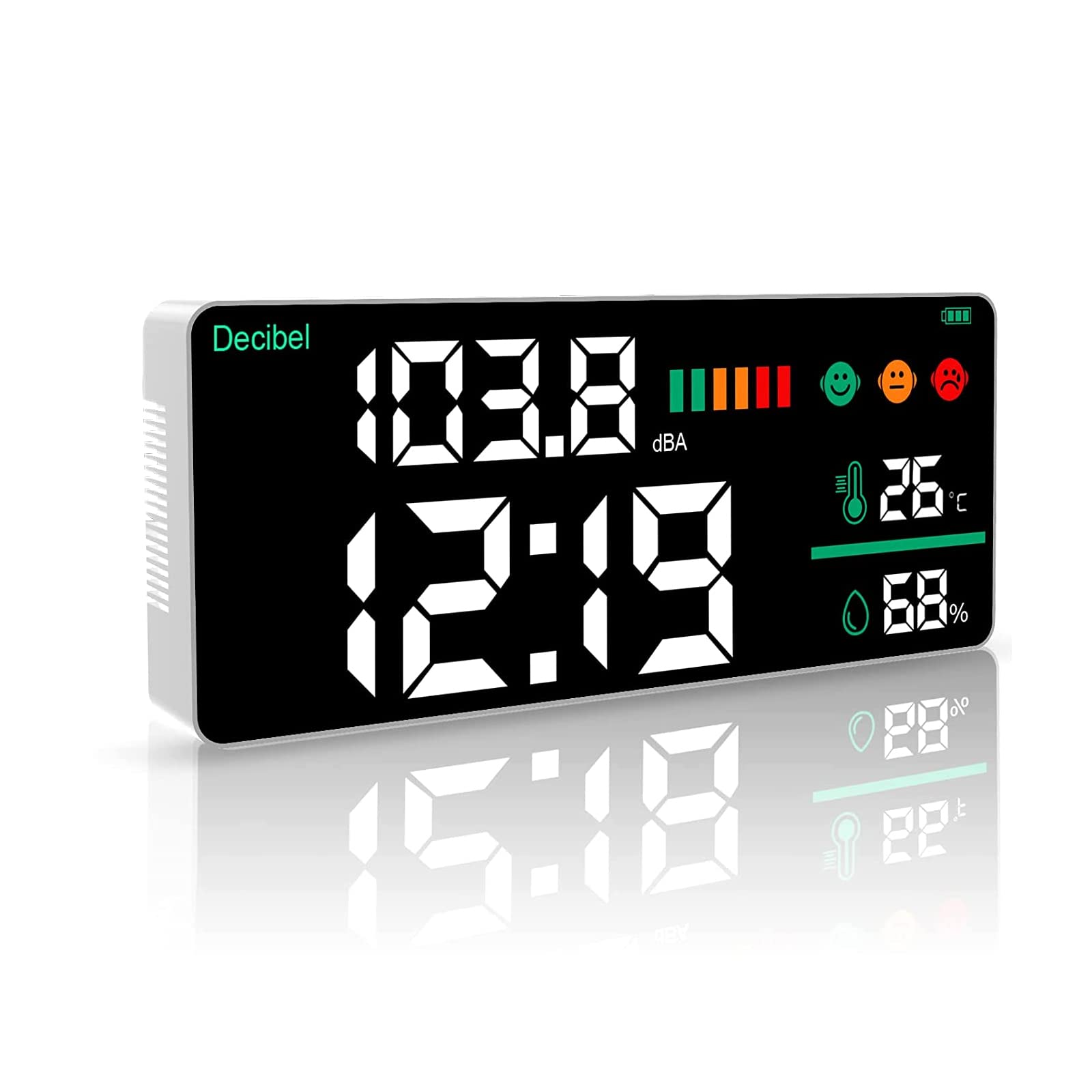 Digital Decibel Meter 30~130dB, 4 in 1 Wall Mounted Sound Level Meter with Digital Clock, Humidity & Temperature, 11 Inch LED Display Noise Monitor for Home, Studio, Factory, Classroom