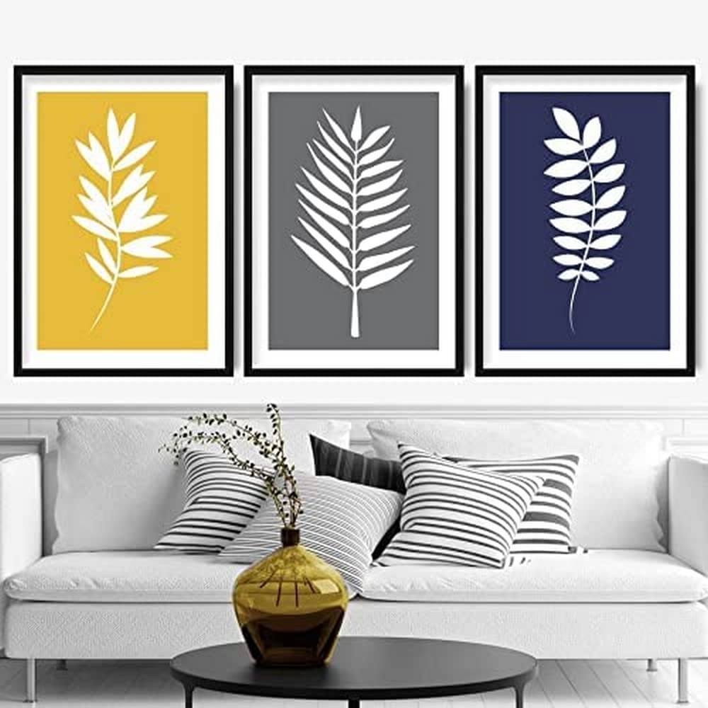 Artze Wall Art Tropical Fern Art Print 3-Piece Set, 30 cm Width x 40 cm Height, Yellow/Grey/Navy