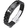 MeMeDIY Inspirational Quote Cross Bracelets Faith Christian Bible Accessories Verse Silicone ID Wristband Religious Gifts for Men Women Stainless Steel Rubber Adjustable (2 Colors)