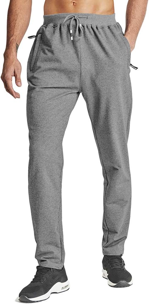 Men's Lightweight Sweatpants Workout Running Pants Open Bottom Drawstring Elastic Waist Pants with Zipper Pockets