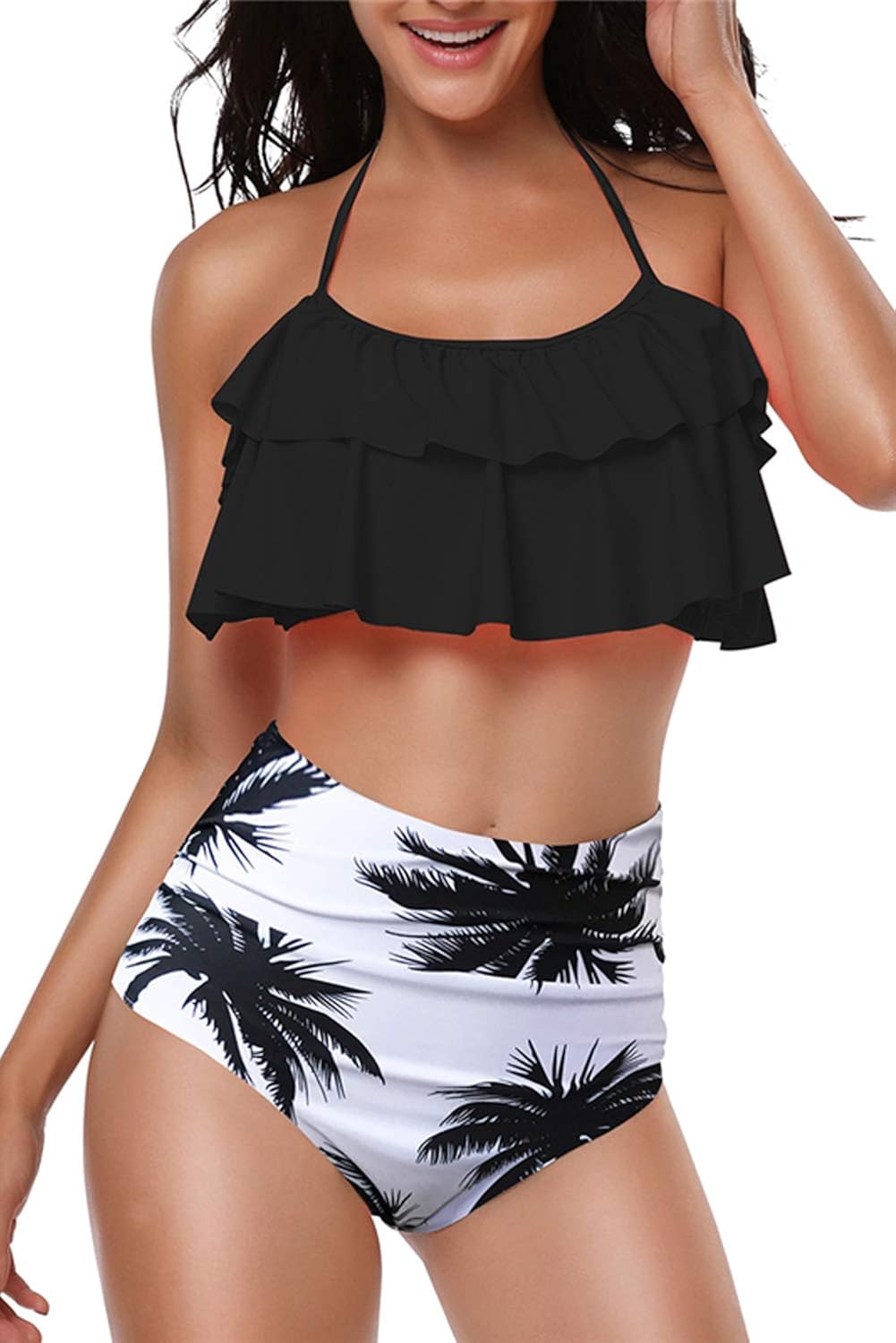 flounce bikini top with high waisted bottoms