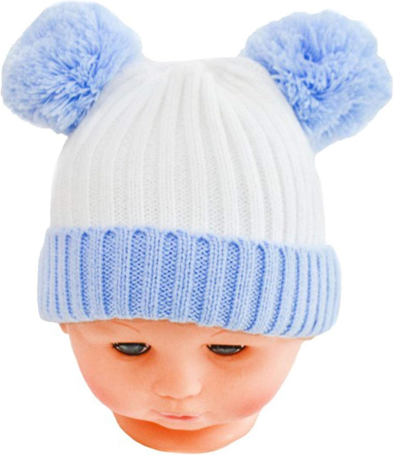 Soft Touch Baby Boys Girls Double Colour Knitted Hat With Turnover Fluffy Pom Pom Nb 12 M H496 Hats Caps