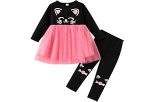 HSOXLQF Toddler Kid Girl Clothes Cat Print Tulle Long Sleeve Dress + Pants Outfits Girl Fall Winter 2-Piece Set