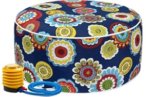 Magpie Fabrics Indoor/Outdoor Inflatable Stool Ottoman Pouf, Water Repellent Round Footrest Footstool with Foot Pump D20 xH9, Portable for Patio Garden Camping or Home, Floral Navy