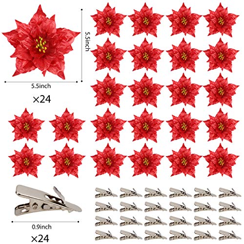 Outgeek 24 Pcs Poinsettia Christmas Flower Decoration and Icicles and Fixing Clip Set Christmas Glitter Artificial Flowers Red Christmas Tree Ornament