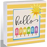 Summer Decor Summer Decorations for Home Indoor Hello Sunshine Popsicle Table Decor Home Room Office Bathroom Wood Box Sign Rustic Wooden Shelf Desk Decor Season Sign House Warming Gifts 5.9 x 5.9 Inch