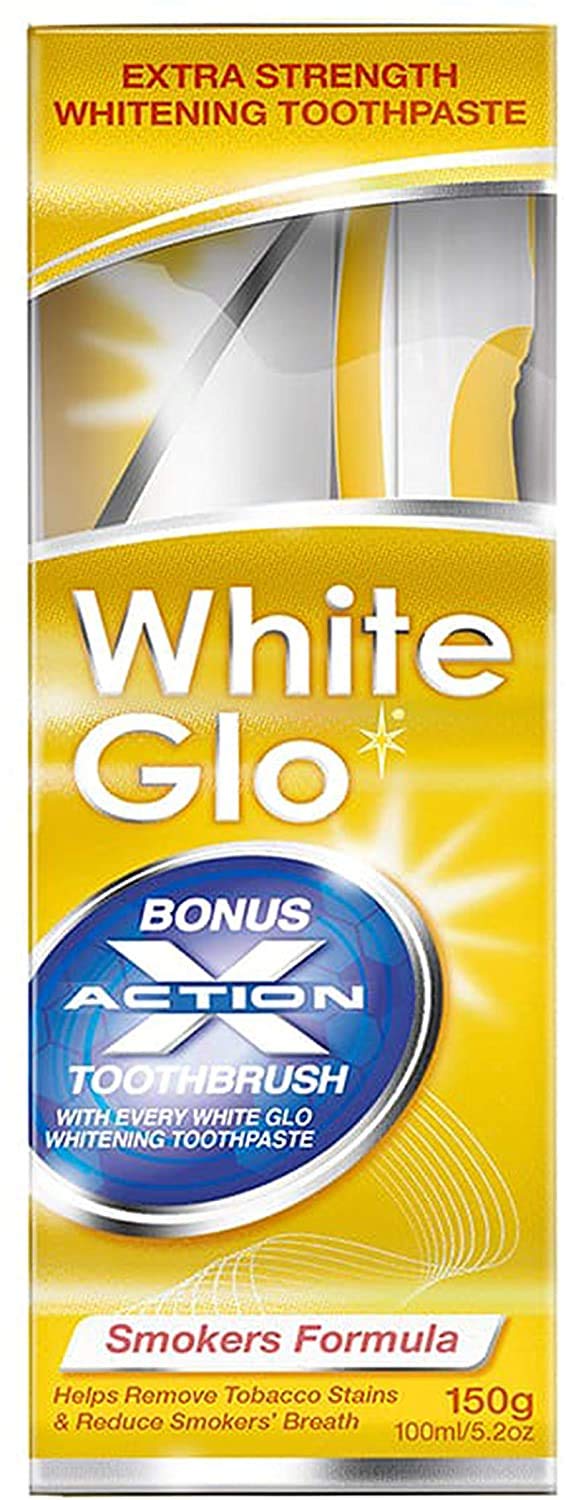White Glo SMOKERS FORMULA Intense Extra Strength Whitening Toothpaste & Bonus Action Toothbrush-150G NEW