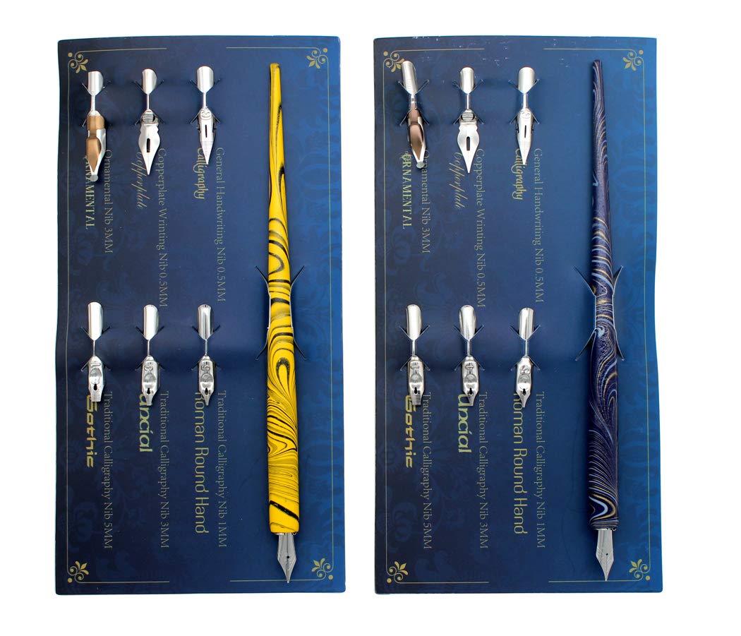 Hillento Marble Wood Manga Calligraphy Drawing Pen Kit, Professional Comic Dip Pen, Includes 2 Comic Pen Holders Handles, 12 Nibs for Lettering Sketching, Art, Calligraphy, Blue and Yellow