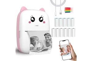 Funducts Mini Sticker Printer with 11 Rolls Paper, Inkless Thermal Pocket Receipt Printer for iOS iPhone &Android, Bluetooth Portable Printer for Journal,Photo,Kids Birthday Gifts (Pink Printer)