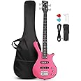 GLARRY 4 String Electric Bass Guitar, 36-inch Bass Guitar Beginner Kit with Cable, Strap and Bag for All Skill Level, Adults,Travel (Pink)