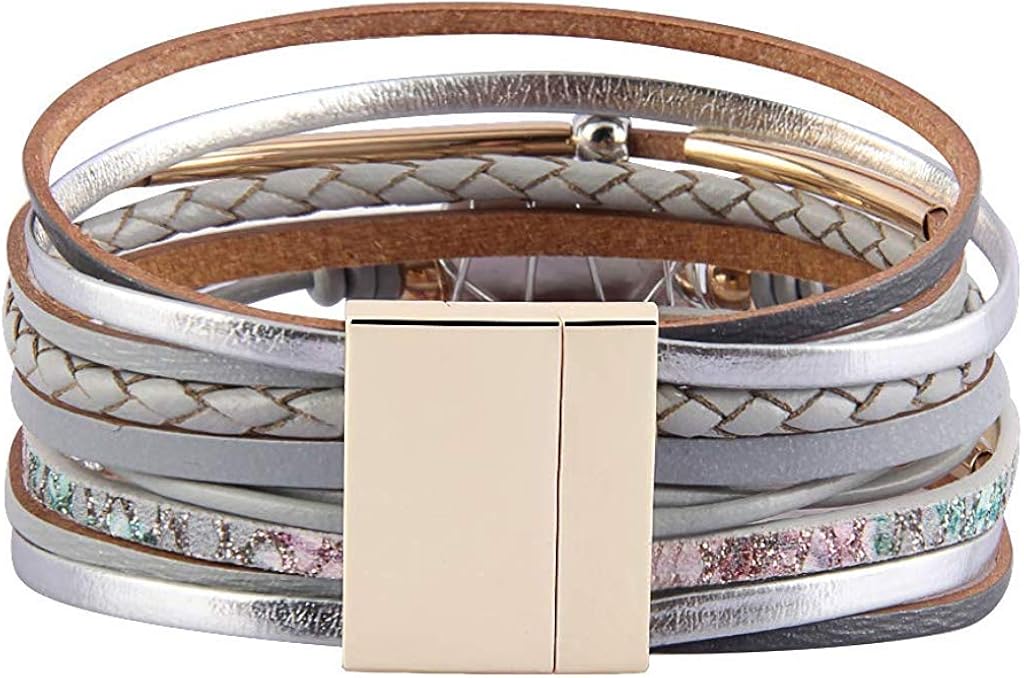 Fesciory Leopard Bracelet for Women Wrap Multi-Layer Leather Bracelet Magnetic Clasp Cuff Bangle Jewelry(Gray Leather(Pearl)): Clothing