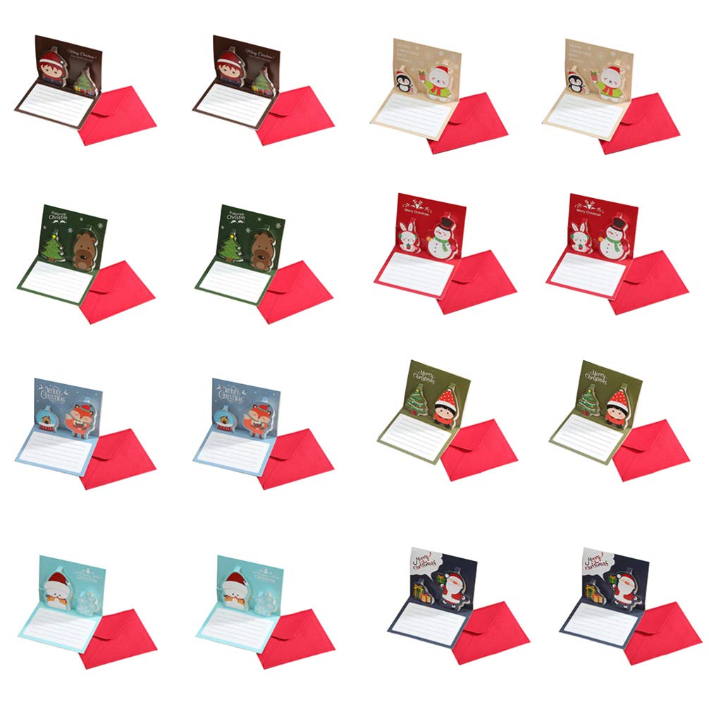 TOYANDONA 16pcs Small Christmas Cards Cartoon Xmas Element Stereo Blank Note Cards with Envelope Holiday Card Collection for Children Kids Random Style