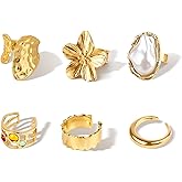 Ethanberg Chunky Gold Rings for Women, Open Adjustable Stackable Rings Set for Women, Baroque Stacking Knuckle Ring, Thick Trendy Statement Ring, 6Pcs Chunky Jewelry