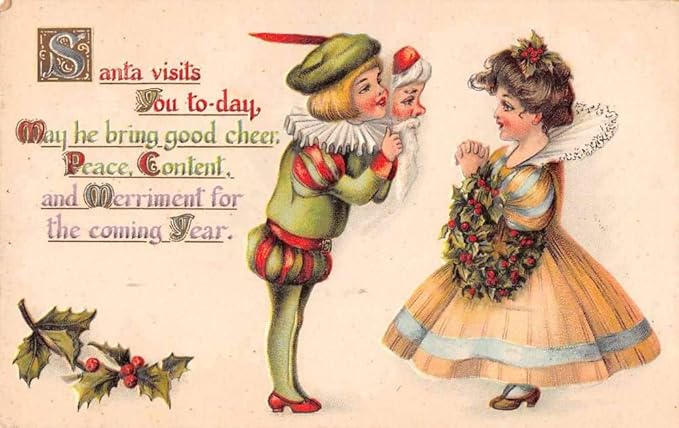 Christmas Greetings Children In Costume Santa Claus Face