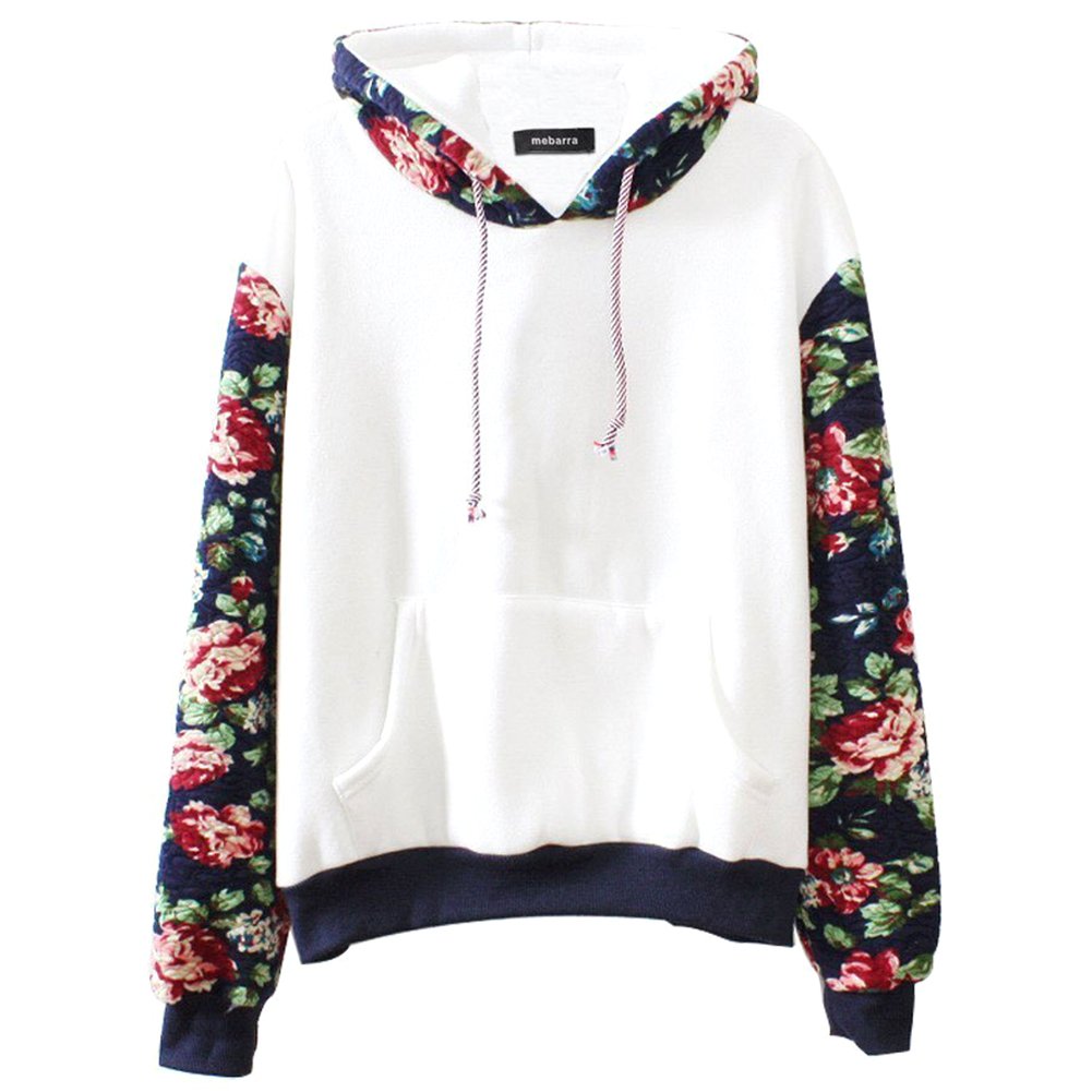 sandbank Women Thick Warm Floral Print Long Sleeve Hooded Pullover hoodies Sweatshirt (White)
