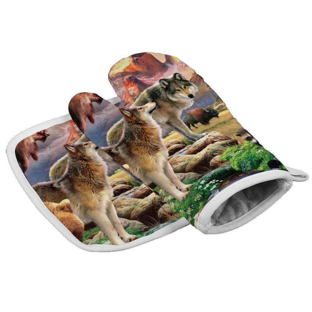 LELEMATE Heat Resistant Kitchen Pot Holder and Oven Mitt Set Oven Glove and Potholder Perfect for Kitchen Baking BBQ, Animals Together Bison Deer Elk Wolves Bear Eagle