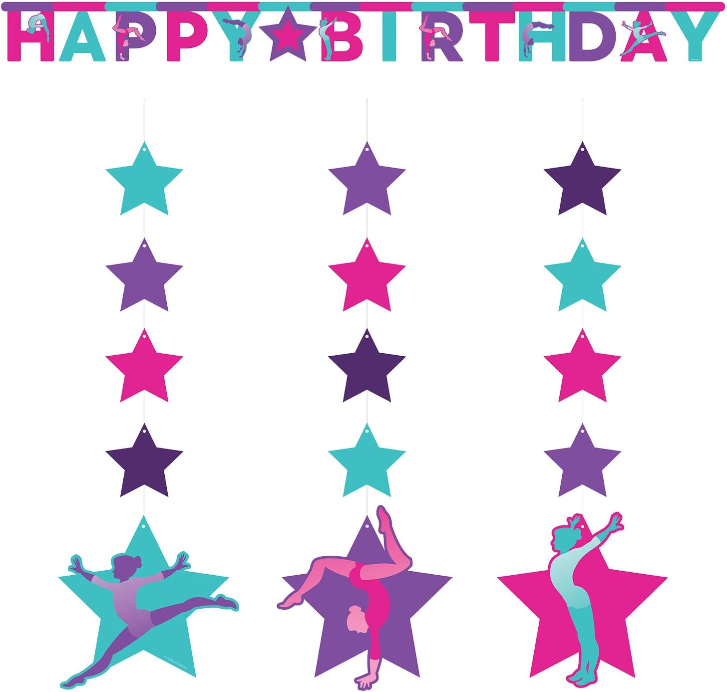 Creative Converting Gymnastic Party Décor Bundle | Jointed Banner, Hanging Cutouts | Gymnast Game Event, Competition, Birthday Supplies