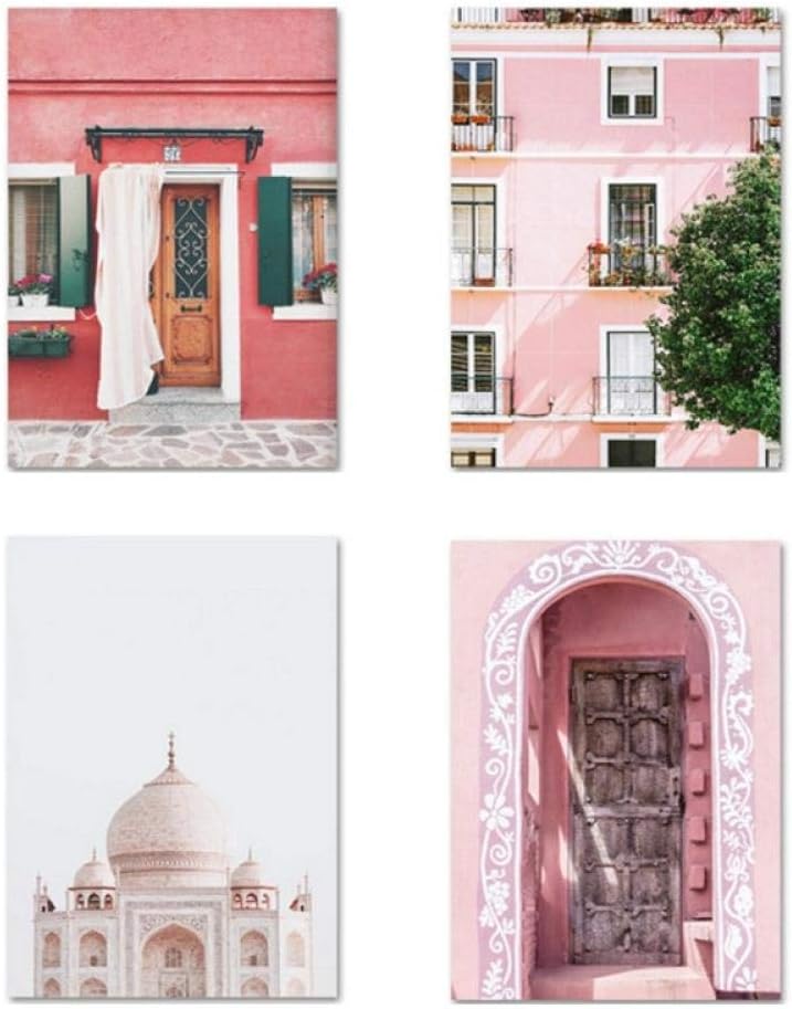 Pastel Boho Art Print Fashion Modern Pink House Painting Pictures Architecture Canvas Posters Wall Pictures for Living Room/40x60cmx4Pcs-No Frame