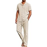Yuyanrocks Men's 2 Piece Outfits Casual Beach Short Sleeve Button Down Shirts Loose Pant Sets Summer Vacation Walking Outfits