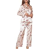 WDIRARA Women's 2 Piece Satin Sleepwear Cherry Print Long Sleeve Sleep Shirt and Pants Pajama Set