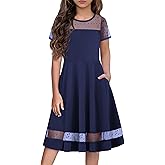 Arshiner Tween Girls Dress Formal Contrast Mesh Short Sleeve A Line Party Dresses with Pockets for 5-12 Years