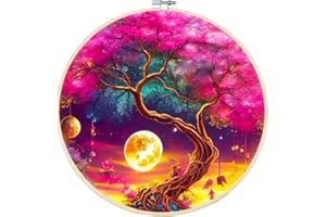 TIWABB Stamped Cross Stitch Kits with Frame - Tree Moon Embroidery Kits for Beginners Adults,11 CT Patterns Dimensions Counted Cross Stitch Kits Arts Craft Kits 7.8 x 7.8in