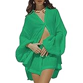 Fixmatti Women 2 Piece Outfits Summer Shorts Sets Lantern Sleeve Button Down Shirt and Shorts Sweatsuit