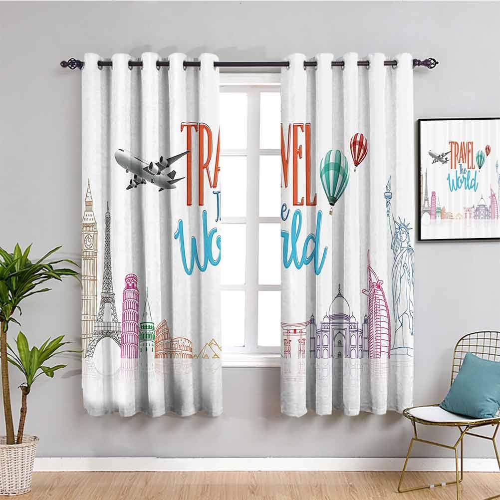 Quote Decor Thermal Insulated Room Darkening Curtains Travel The World Lettering with Around World Landmarks Balloons Artwork Image Repeatable use W72 x L84 Inch Multicolor