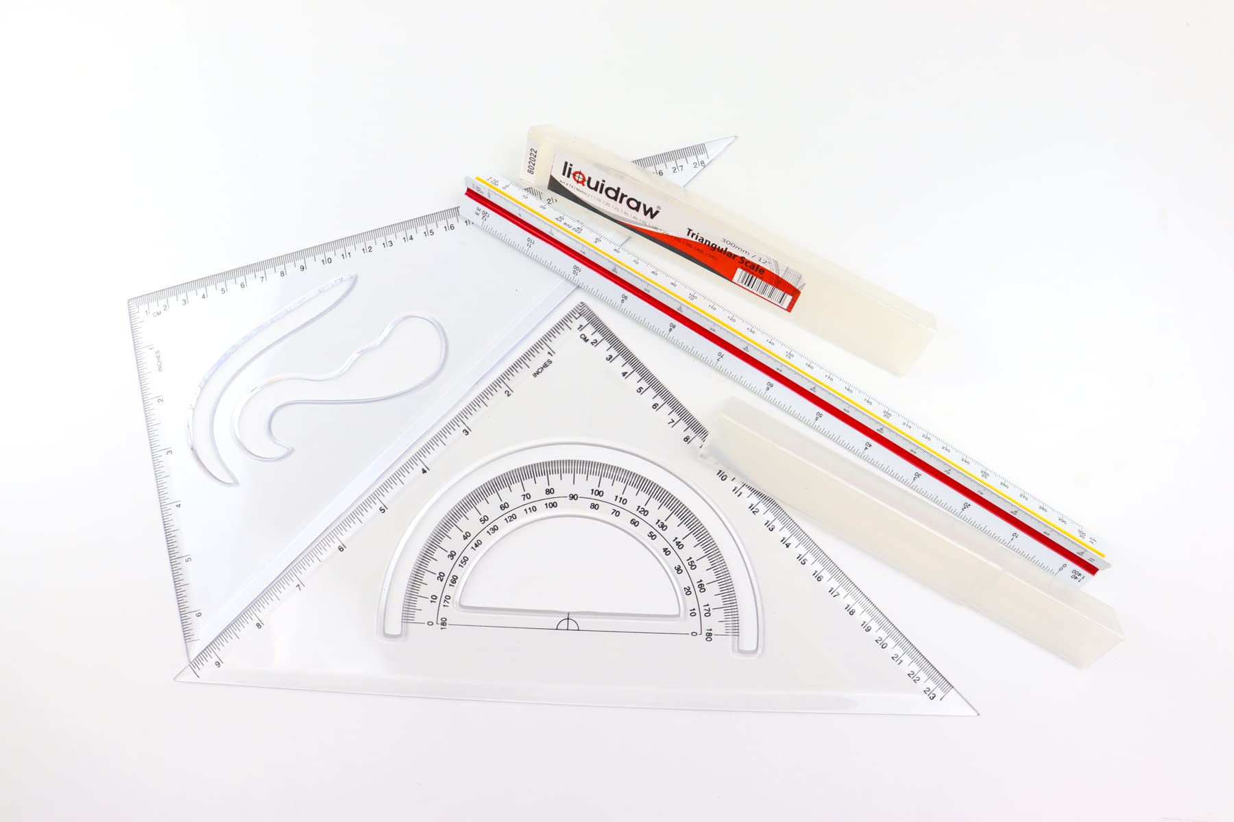 Liquidraw Geometry Set – 3 Piece | 45° & 60° Set Squares, 30 cm Triangular Scale Ruler | Professional Tool | Architects, Engineers, Draughtsmen & Students | Clear Durable Plastic | Measuring & Drawing