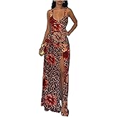 Floerns Women's Cheetah Tank Dress Sleeveless Floral Slit Going Out Maxi Dresses