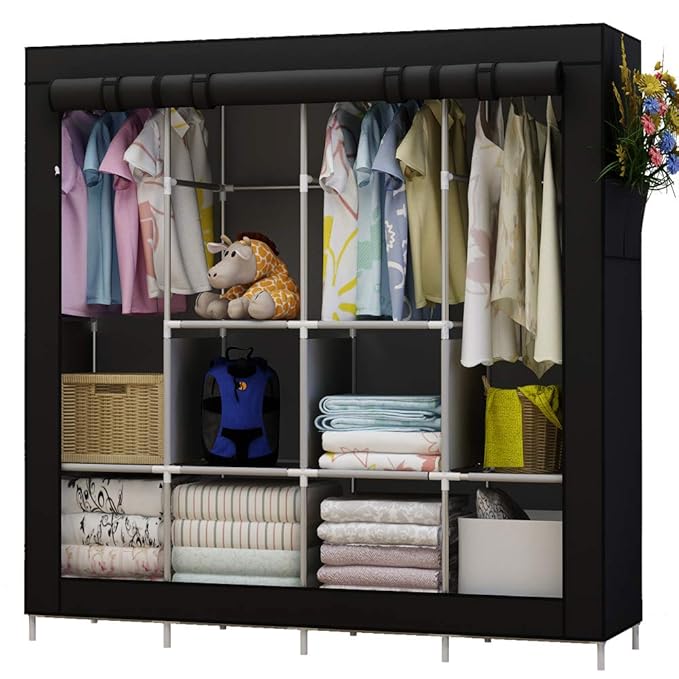 UDEAR Armario de Ropa de Tela y Tubo Metal para Ropa Organizador Ropero Plegable Colgar (Negro)