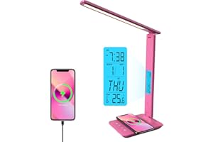 poukaran Desk Lamp, LED Desk Lamp with Wireless Charger, USB Charging Port, Table Lamp with Clock, Alarm, Date, Temperature, Office Lamp, Desk Lamps for Home Office, Pink