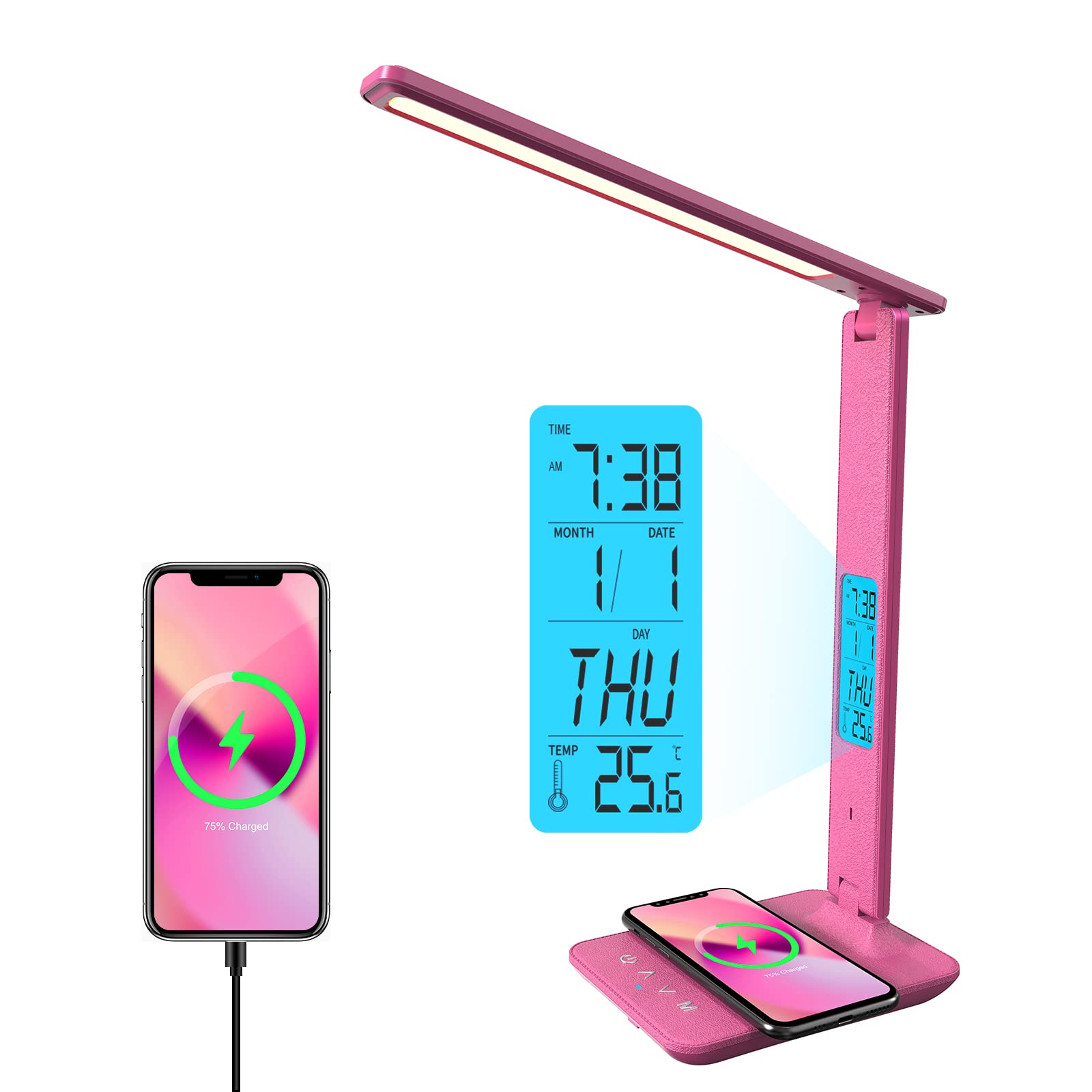 Photo 1 of poukaran Desk Lamp, LED Desk Lamp with Wireless Charger, USB Charging Port, Table Lamp with Clock, Alarm, Date, Temperature, Office Lamp, Desk Lamps for Home Office, Pink