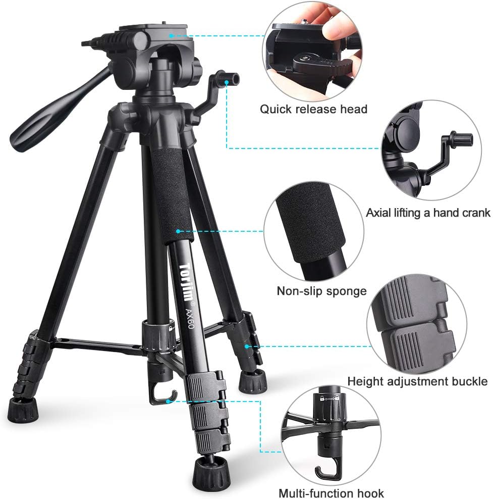 Torjim 60” Camera Tripod with Carry Bag, Lightweight Travel Aluminum Professional Tripod Stand (5kg/11lb Load) with Bluetooth Remote for DSLR SLR Cameras Compatible with iPhone & Android Phone-Black : Camera & Photo
