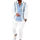 UOUA Mens 2 Piece Set Casual Outfits 1/4 Zip Polo Long Sleeve Shirt & Pants Track Suit Loungewear Athletic Sweatsuit
