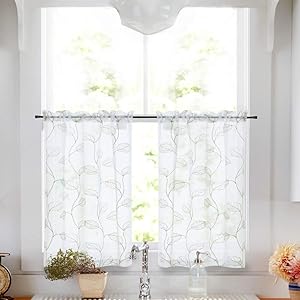 Topick Kitchen Sheer Tiers Bathroom Curtains with Leaf Embroidered Design Rod Pocket Curtain 24 inch Green on White 2 Pcs