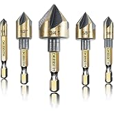 Countersink Drill Bit Set, 5pc, 1/4" Hex Shank, 82 Degree Countersink Holes for Screws to Sit Flush or Under the Surface of Metal Wood Plastic, Sizes 1/4, 3/8, 1/2, 5/8, 3/4 Inches with Storage Case