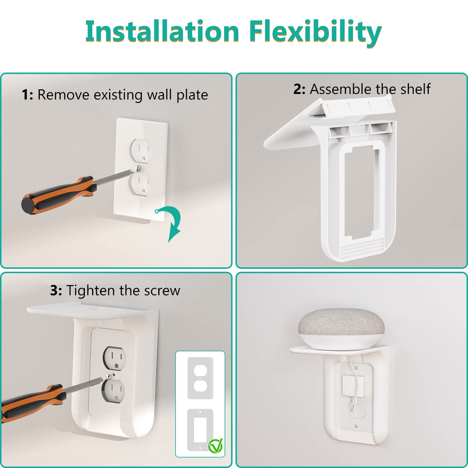 WALI Outlet Shelf Wall Holder, Bathroom Shelf up to 10lbs Standard Vertical Duplex Wall Organizer for Smart Home Decor Space Saving Power Tools, Toothbrush (OLS001-W), 1 Pack, White