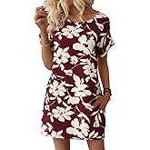 Wenrine Womens Summer Dress 2025 Floral T Shirt Dress Casual Cap Sleeve Crewneck Loose Boho Shift Mini Dresses