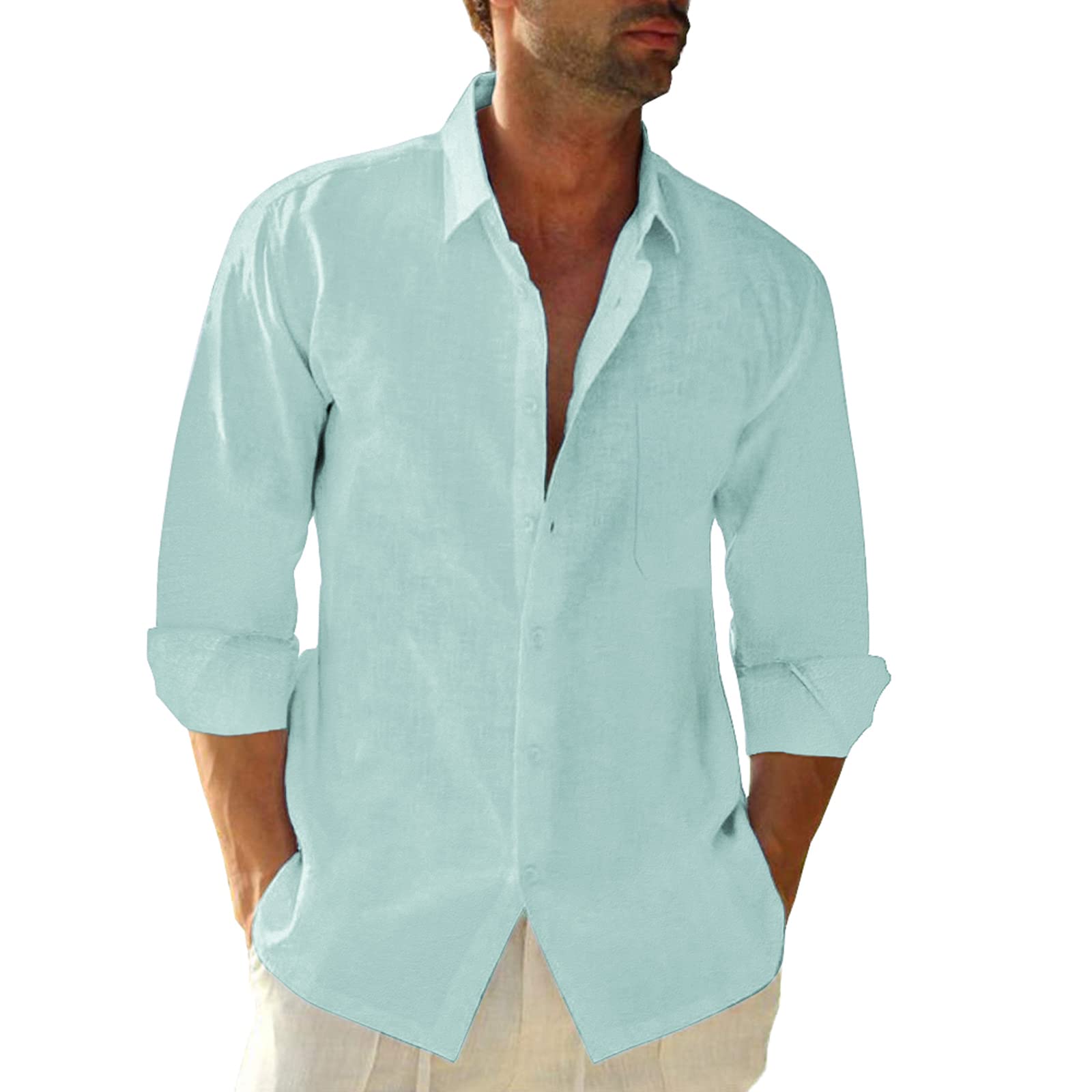 JEKAOYI Button Down Linen Shirts for Men Casual Long Sleeve Regular Fit ...