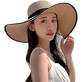 Womens Wide Brim Floppy Beach Hat UPF 50+ Foldable Straw Sun Hat with Black Ribbon for Summer Travel Outdoor Activities