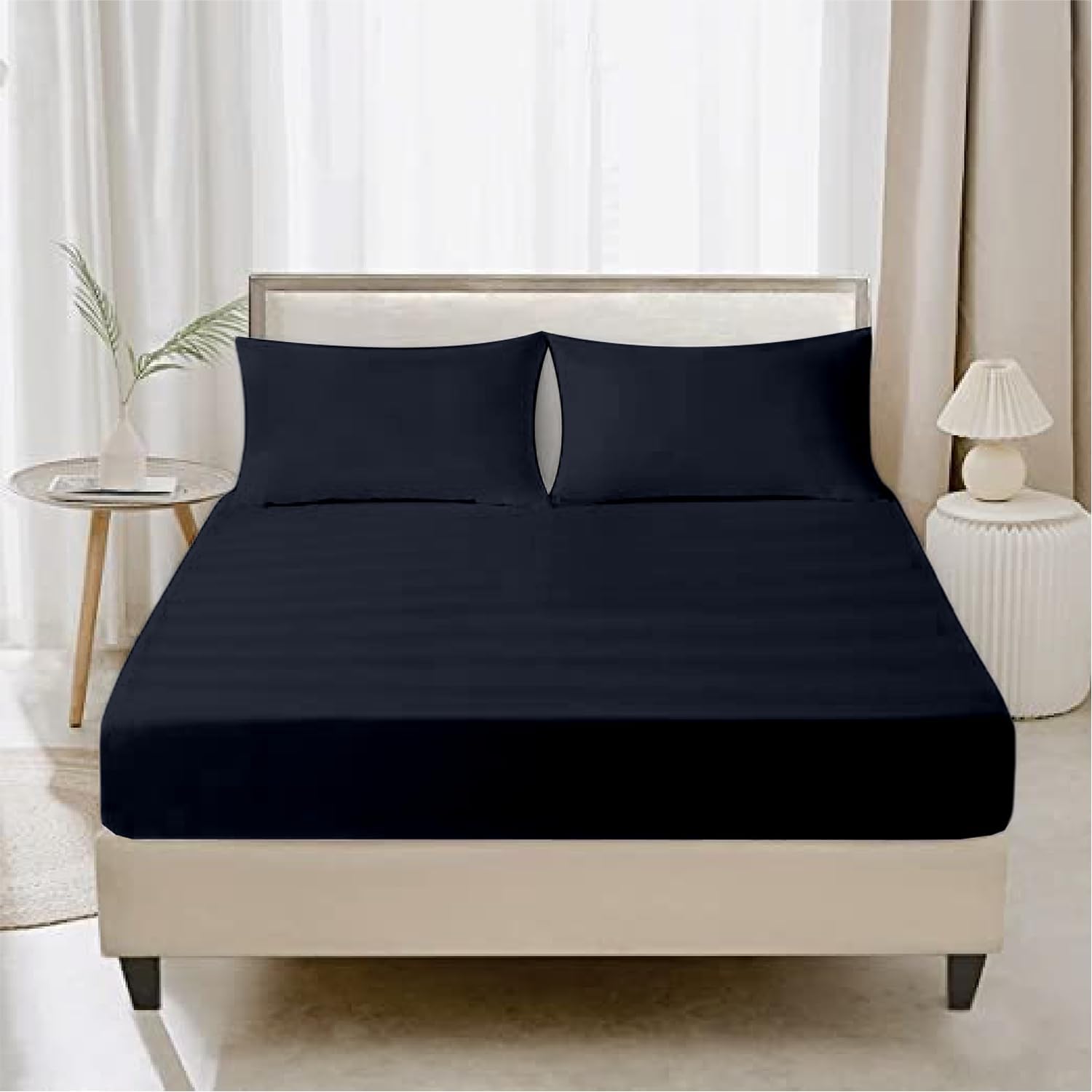 Kotton Culture Fitted Super King Size Sheets 100% Egyptian Cotton 48cm extra deep fitted sheets with Two Pillowcases 600 Thread Count Bottom Sheets (180x200cm, Navy)
