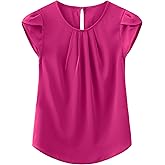 TASAMO Women's Casual Round Neck Basic Pleated Top Cap Sleeve Curved Keyhole Back Chiffon Blouse (X-Large, Rose)