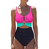 popvil One Piece Swimsuit for Women Tummy Control Bathing Suit Neon Cutout Braid Swim Suits Color Block Swimwear