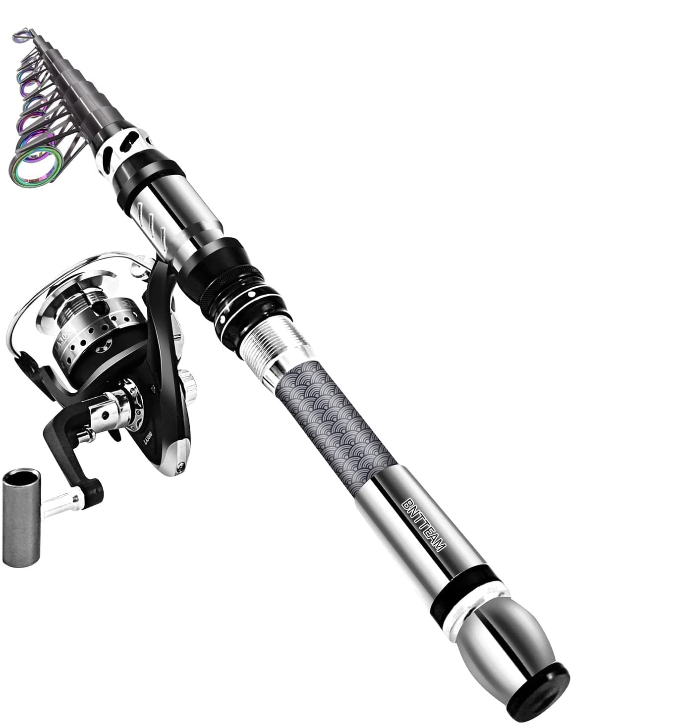 BNTTEAM Portable Fishing Spinning Rod and Reel Combo set Carbon Fiber Fluorescent Rod Tip, with Fishing Lures Line Carrier Bag Kits for Travel Surf Saltwater Freshwater