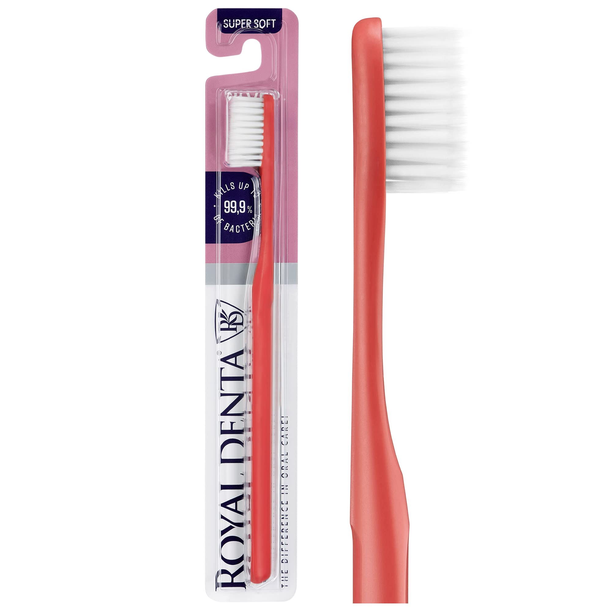 Royal Denta Super Soft Toothbrush for Adults, Extra Soft Bristle Manual Toothbrush with Dual Length Silver Infused Bristles for Sensitive Teeth & Gums, Gentle Plaque Removal, Made in Korea (Coral)