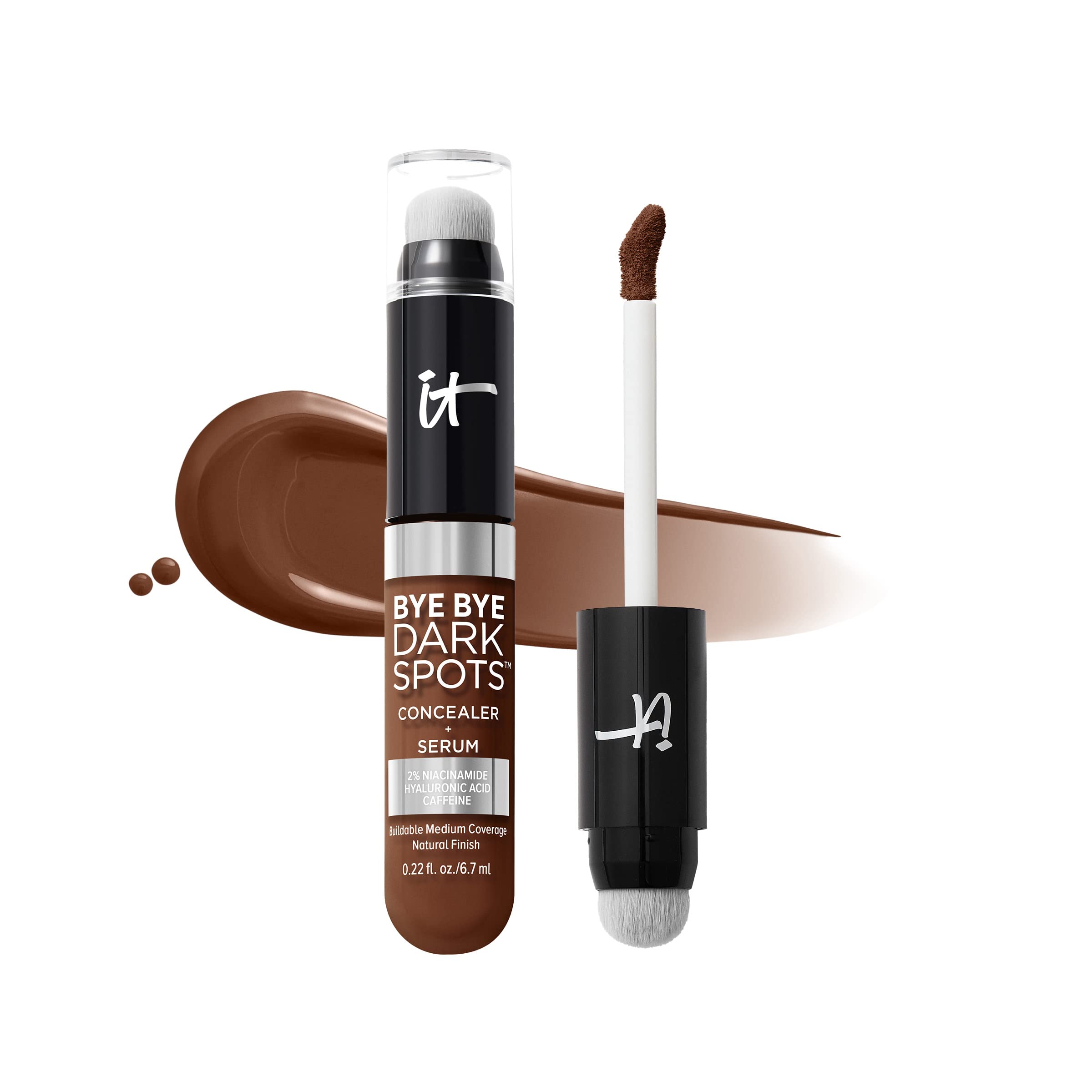 IT Cosmetics, Bye Bye Dark Spots Concealer + Serum, Medium Coverage, Made with Niacinamide, Hyaluronic Acid & Caffeine, Shade: 58 Deep Neutral, 6.7 ml