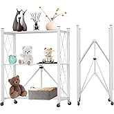 Yuanjimi 3 Tier Foldable Storage Shelf with Wheels, Heavy Duty Garage Shelving Unit Loads 550 LBS, Metal Steel Collapsible Sh