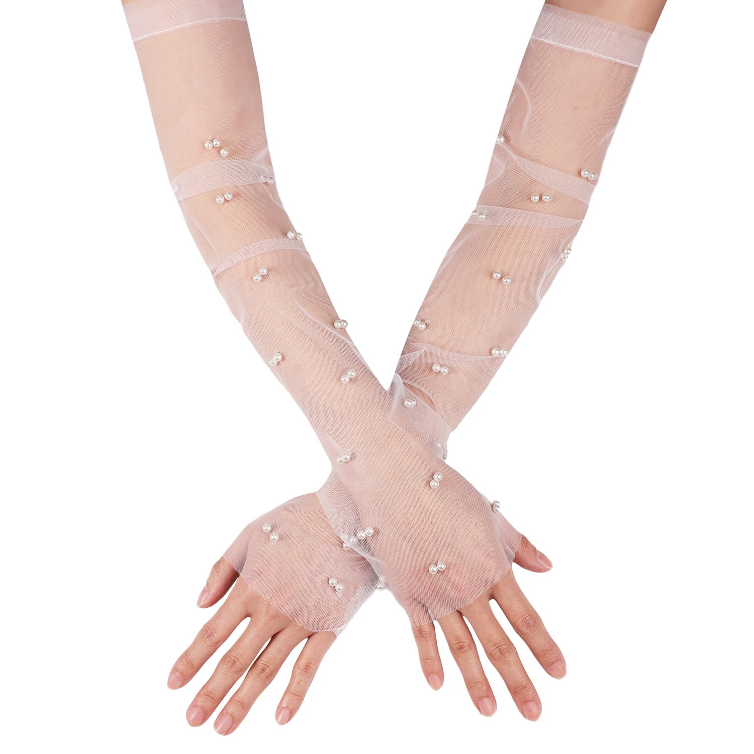 LUTER 18-Inch Pearl Fingerless Tulle Gloves for Women - Bridal Long Gloves for Opera, Halloween Costume Party, Dance (White)